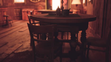 cozy wooden saloon interior featuring rustic tables and chairs at dusk