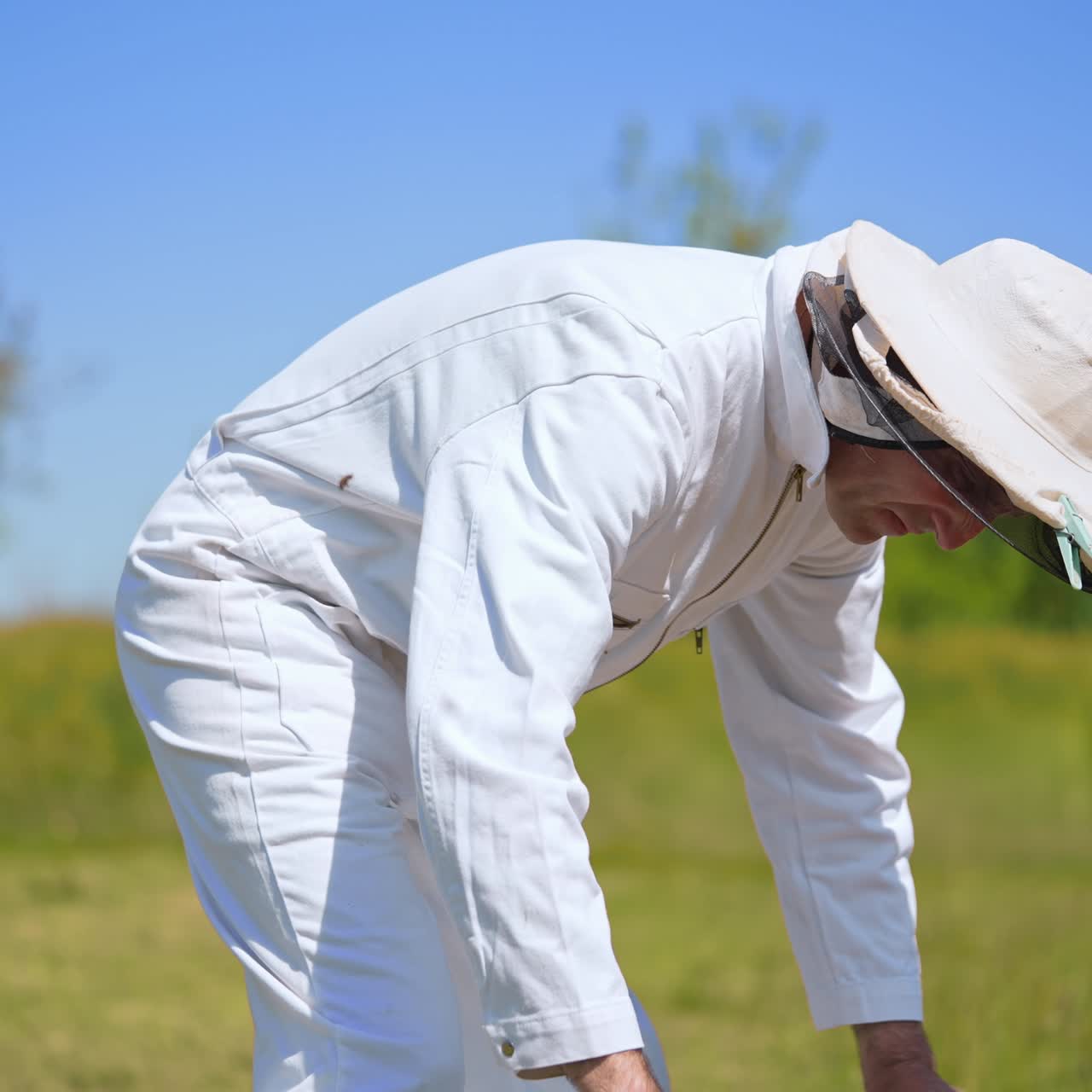 Beekeeper in uniform working with beehives. Agricultural honeycombs beekeeping