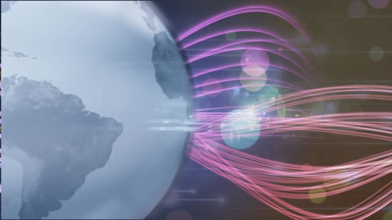 animación de un globo giratorio sobre rastros de luz coloridos y puntos de luz en fondo azul