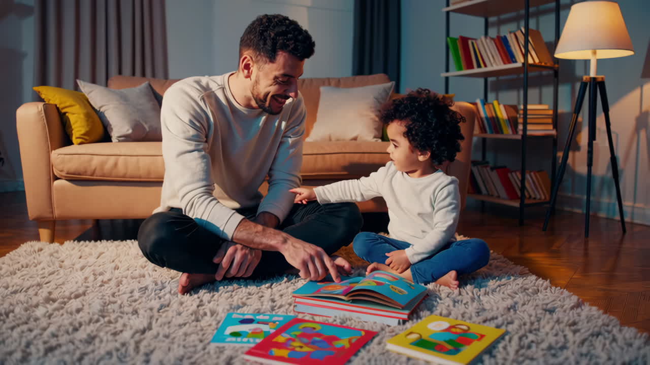 Father and Daughter Reading Books Together at Home