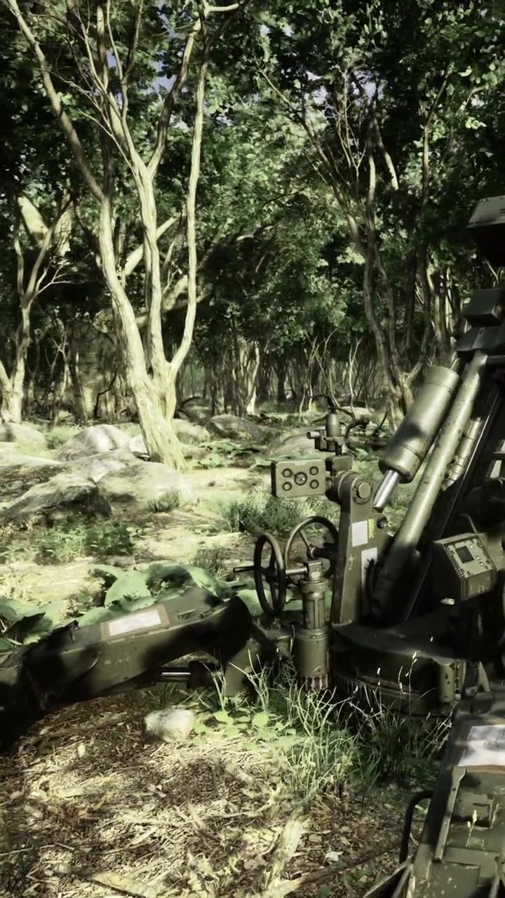 Equipaggiamento militare in un paesaggio boschivo con alberi e rocce durante le ore diurne.