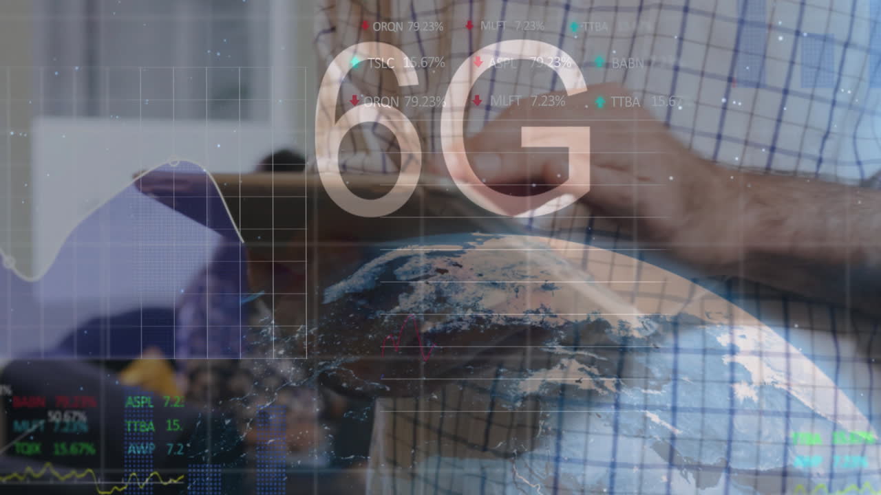 6G technology animation over people using tablet with global network connections