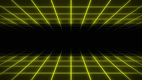 neon grid 3d animation tunnel portal lighting glowing bright lines background seamless loop illusion space background shapes visual effect colour gold yellow