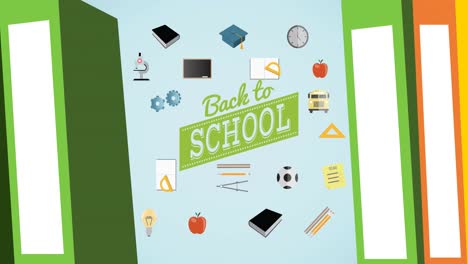 Animation-of-back-to-school-text-books-and-school-items-icons-on-blue-background