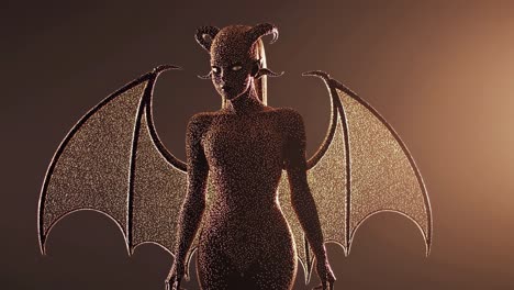 glitter particles cover the body of a mysterious woman with golden wings and horns posing on a brown background, creating a fantasy and surreal atmosphere