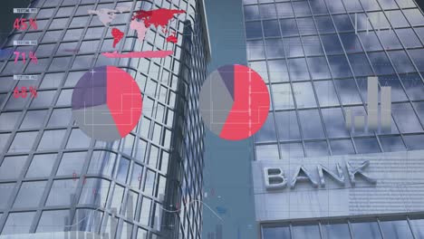 animation of statistical data processing against low angle view of bank buildings