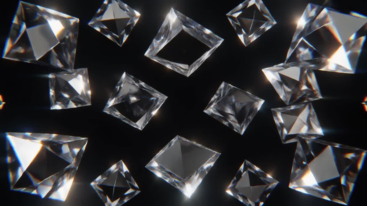 Funklende firkantslebne diamanter roterende på en sort baggrund