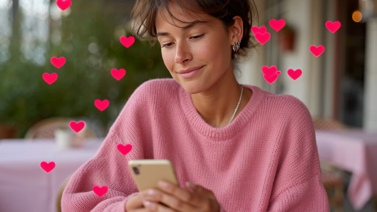 Woman enjoying a moment in a cozy cafe. Young woman smiles while looking at her phone in a cozy cafe adorned with soft colors and warm ambiance