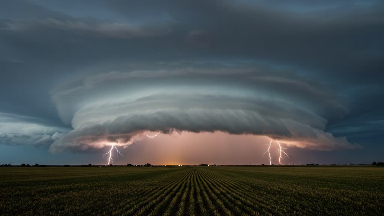 Dramatic Storm with Lightning Strikes Illuminating a Flat Landscape Under a Menacing Cloud Formation, Capturing Nature's Power and Beauty