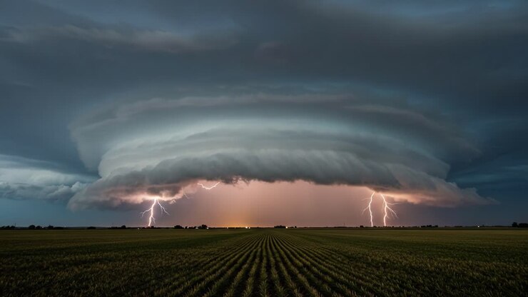 Dramatisk storm med lynnedslag, der oplyser et fladt landskab under en truende skyformation, og fanger naturens kraft og skønhed.