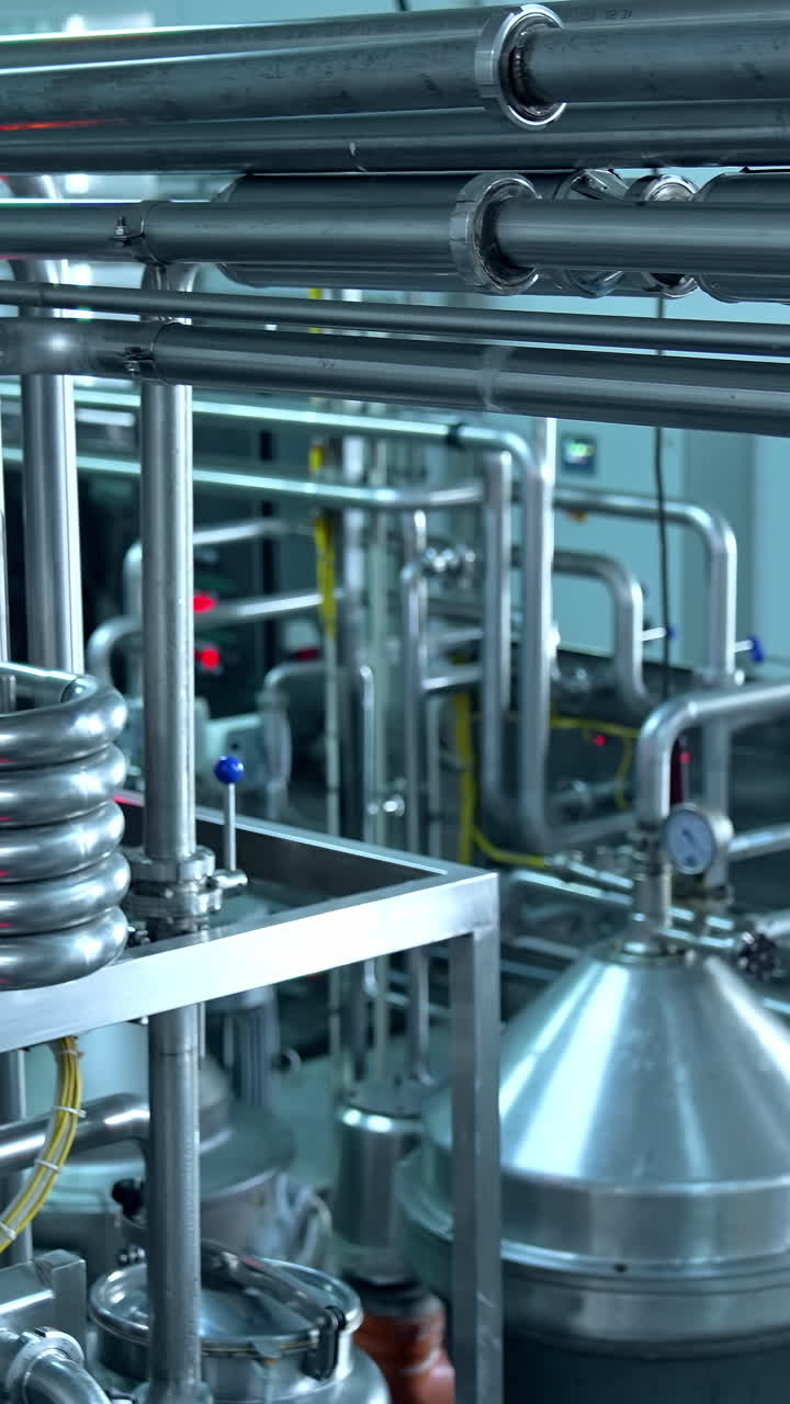 Steel cheesemaking factory equipment. Stainless industry butter producing. Vertical video