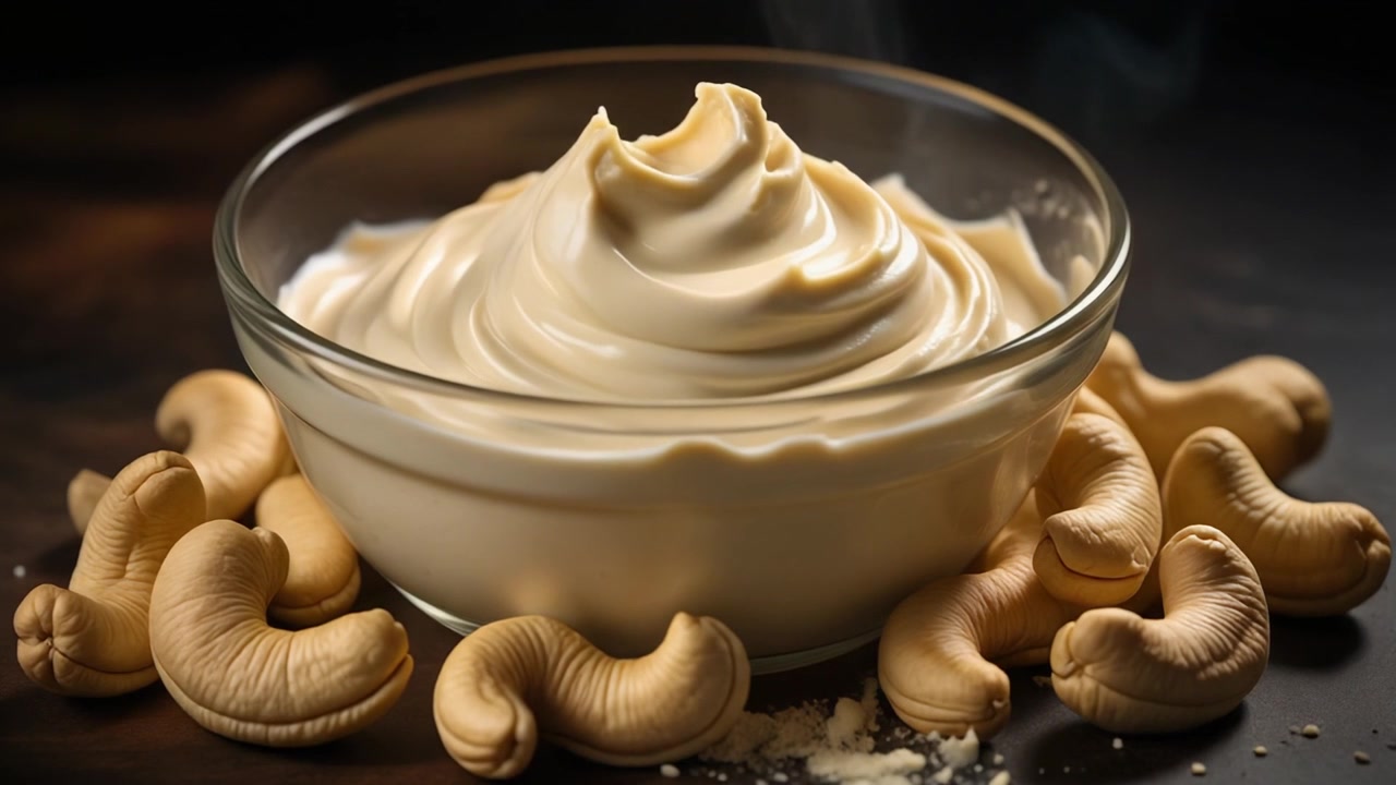 Creamy Cashew Butter Being Poured into a Glass Bowl