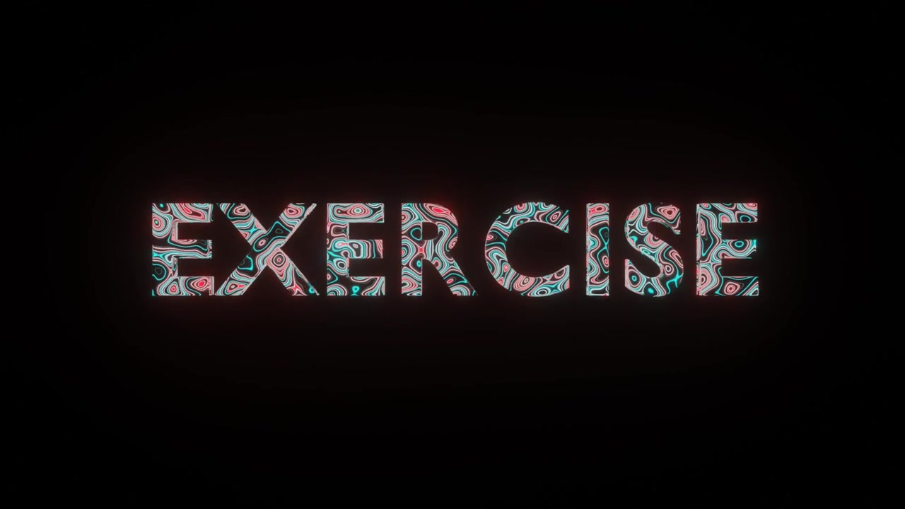 4K video animation of beautiful texture or pattern formation on the text EXERCISE, isolated on black background. 3d rendering abstract loop animation neon lighting effect on letter EXERCISE.