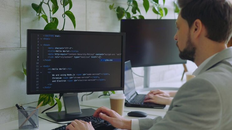 Software Developer Coding on Computer in Modern Office