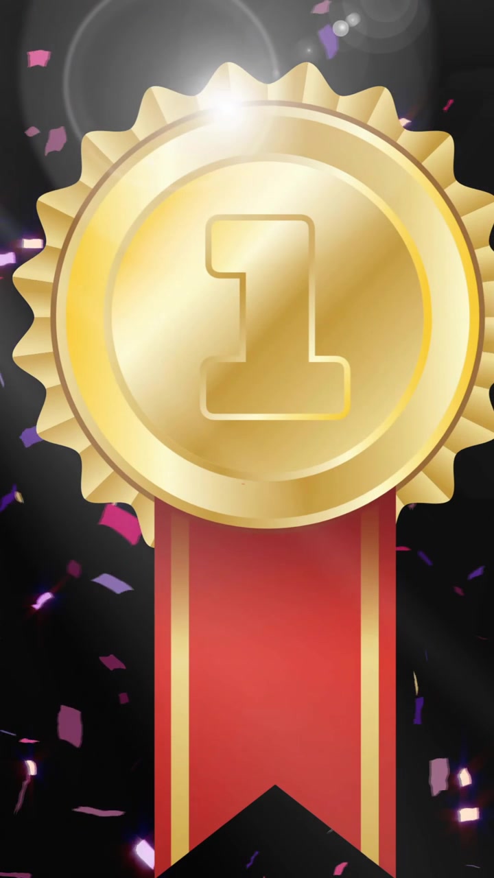 Animation of confetti falling over gold medal on black background