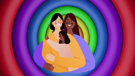 Animation-of-female-couple-with-child-over-rainbow-circles-and-colours-moving-on-seamless-loop