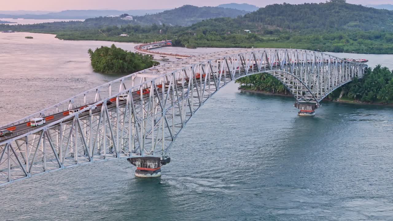 San Juanico Bridge under repair. Single lane traffic between Leyte and Samar Philippines.
