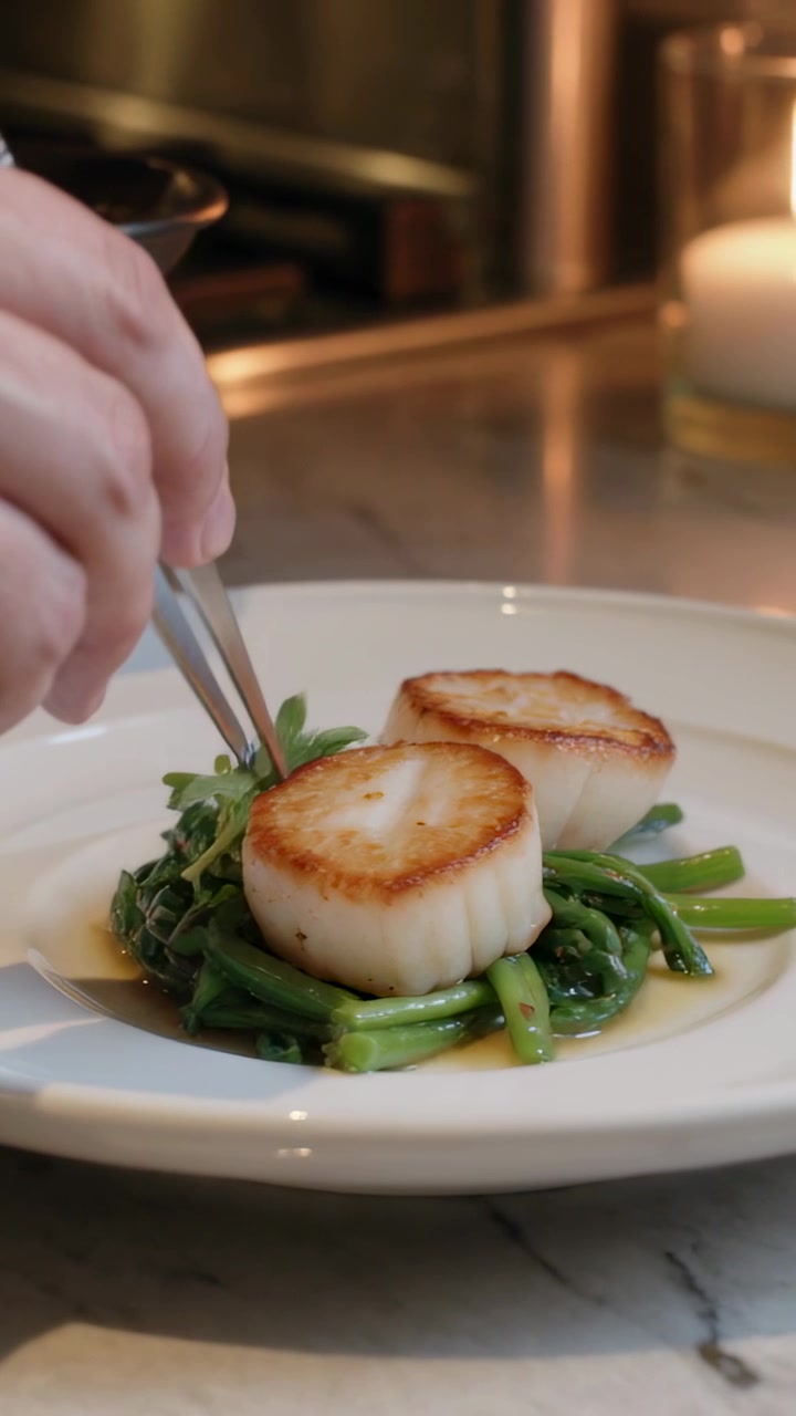 Vertical video: Entering left, chef plating microgreen with tweezers beside scallops on pass