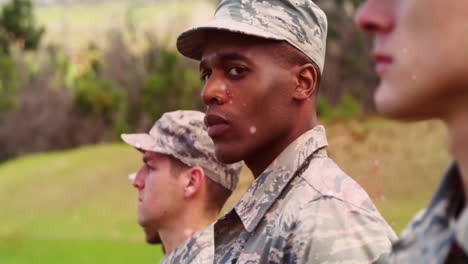 In school, animation of military personnel standing in formation, focused, attentive