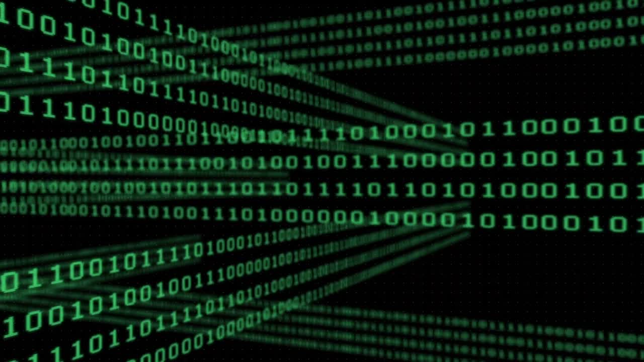 Animation of binary coding data processing over black background