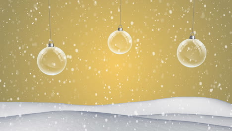 animation of snow falling over dangling christmas baubles on yellow background