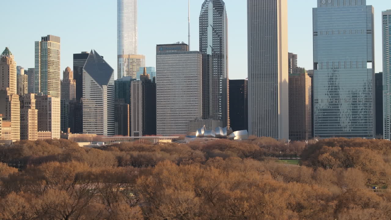 Aerial view of the Chicago Loop and Millennium Park on a spring morning.