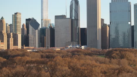 aerial view of the chicago loop and millennium park on a spring morning.