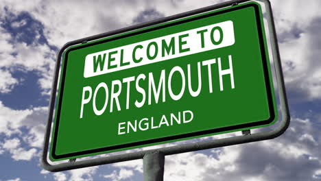 Bienvenido-A-Portsmouth,-Inglaterra,-Señal-De-Tráfico-De-La-Ciudad-Del-Reino-Unido,-Animación-Realista-En-3D