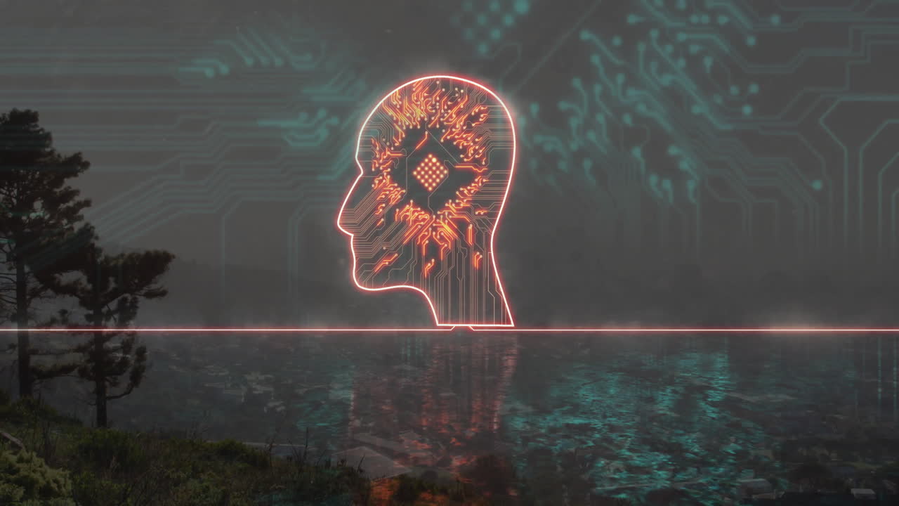 Glowing neon head silhouette floating above water while circuit graphics overlaying foggy sky