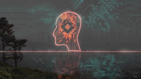 glowing neon head silhouette floating above water while circuit graphics overlaying foggy sky