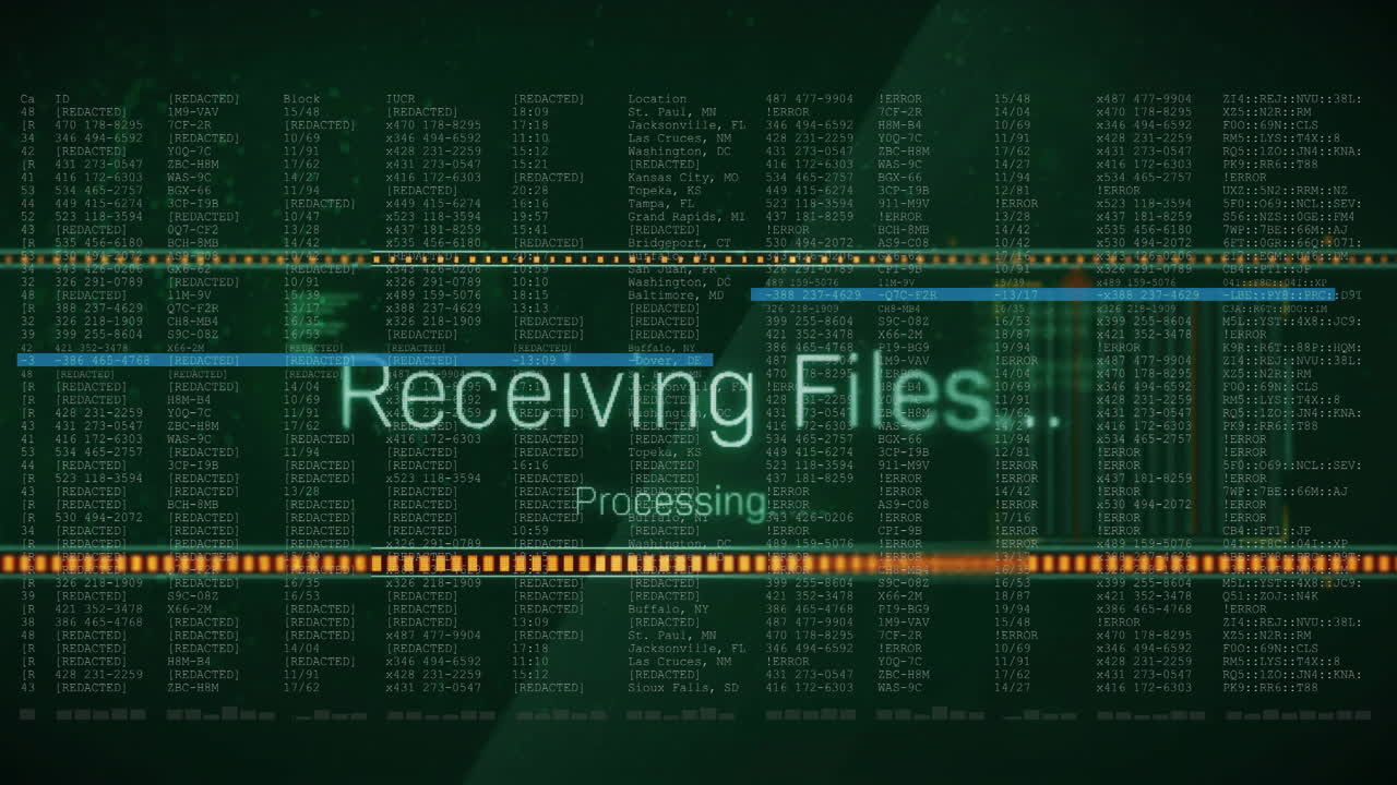 Animation of receiving files text and digital data processing over black background
