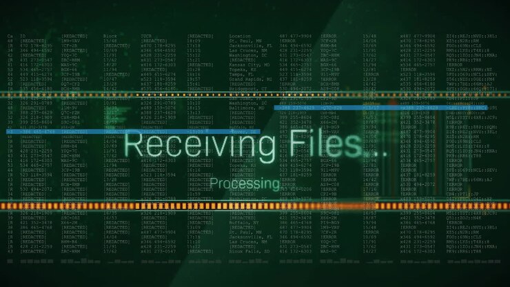 Animation of receiving files text and digital data processing over black background