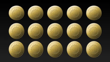 animation of rows of golden nft coins spinning on black background