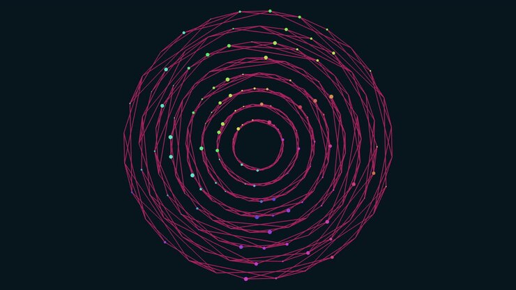 Digital kugle med neonprikker og linjer på sort gradient