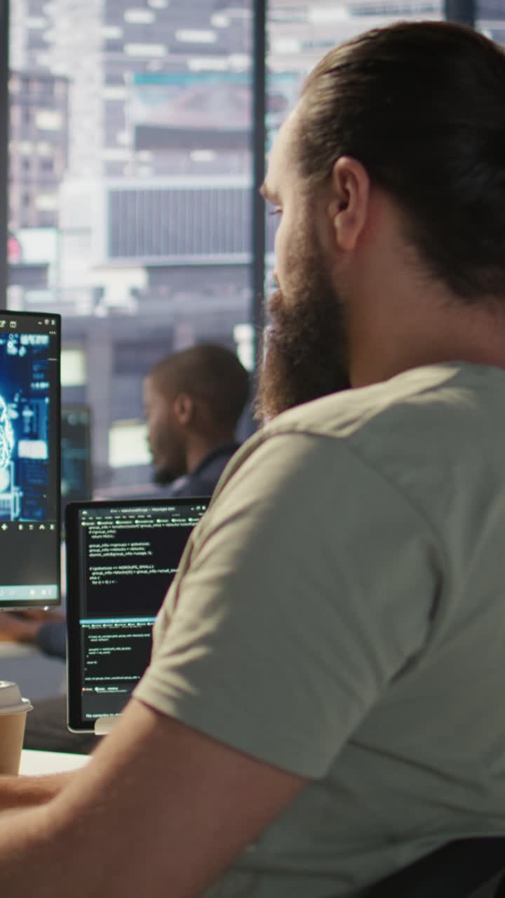 Vertical video Close up of employee working with AI deep neural networks