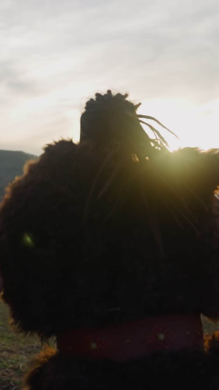 Strong man wearing fur clothes with leather belt runs along valley against mountains backside view slow motion. Native Altai folks lifestyle