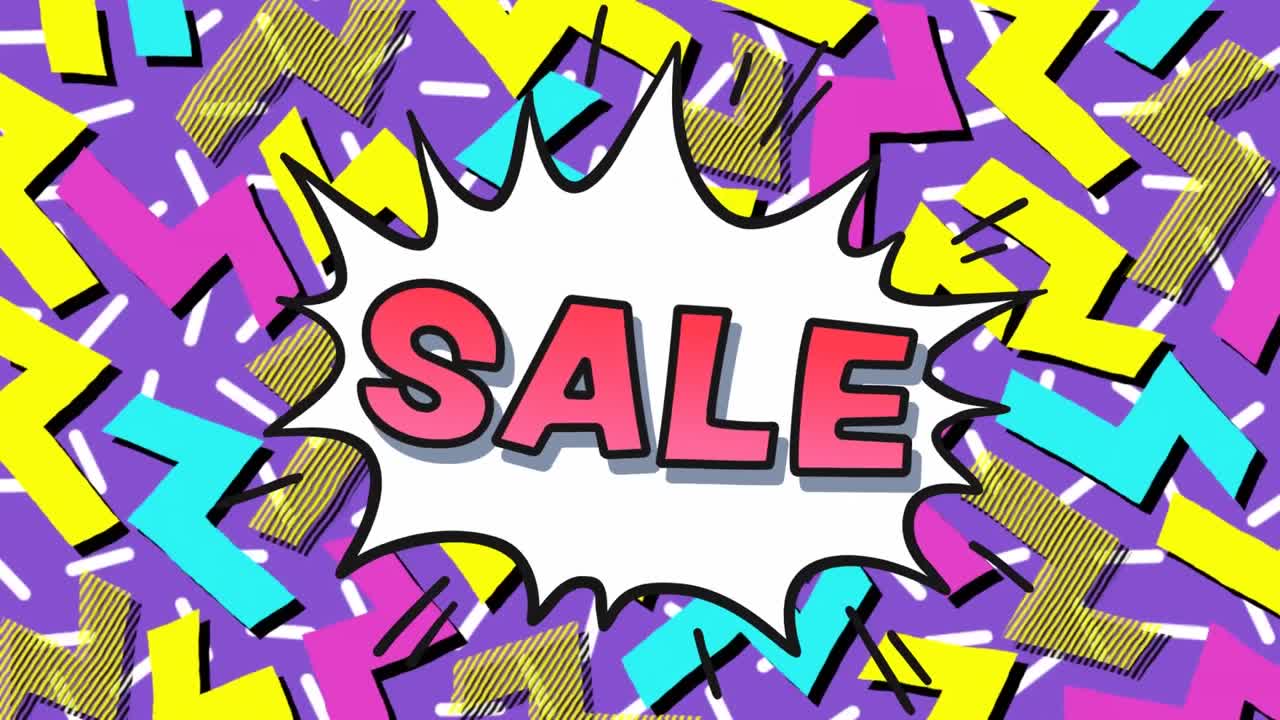 animación del texto de venta sobre formas coloridas en movimiento