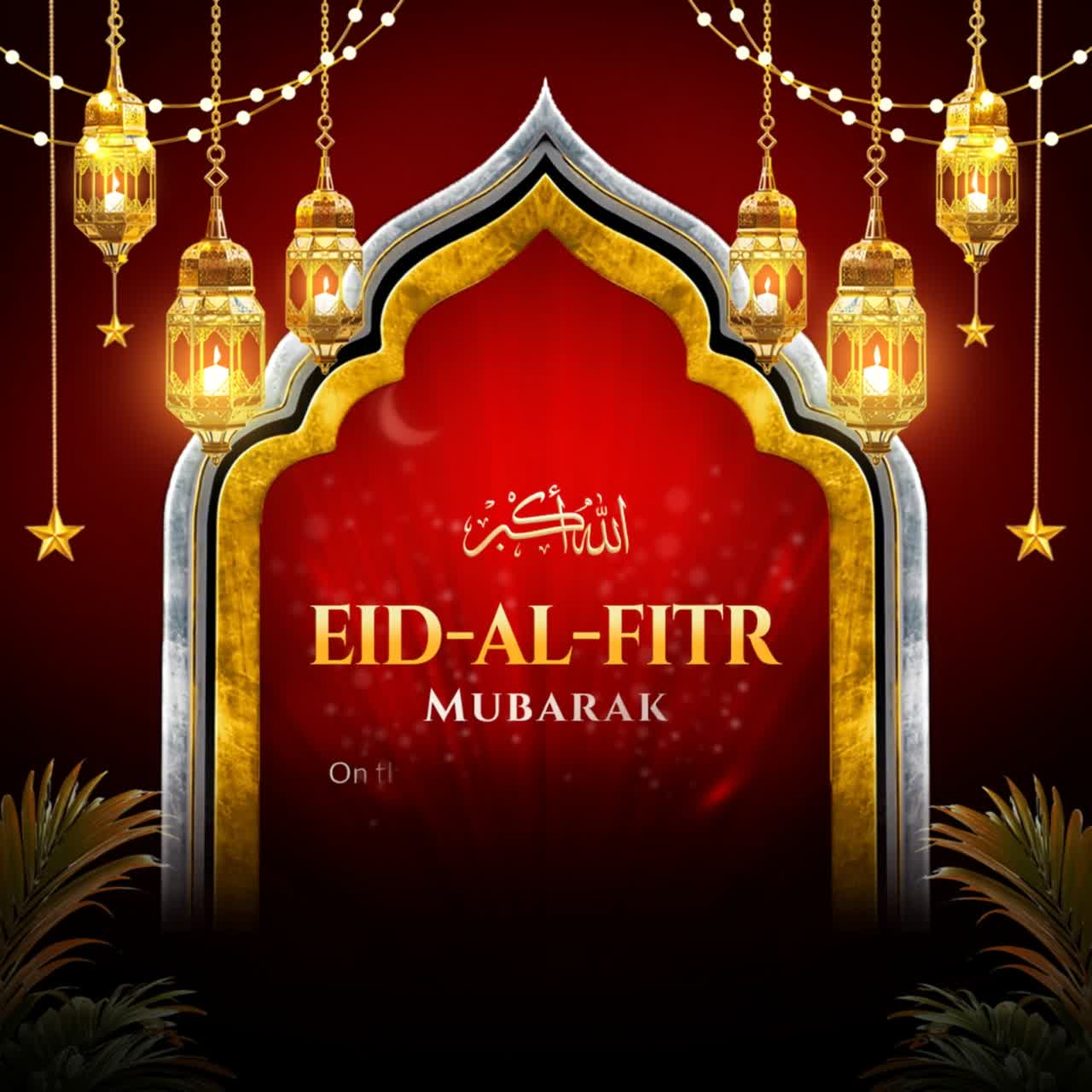 Banner animato di auguri Eid Al Fitr con lanterne luminose, luna crescente, arco di moschea e design festivo islamico sullo sfondo