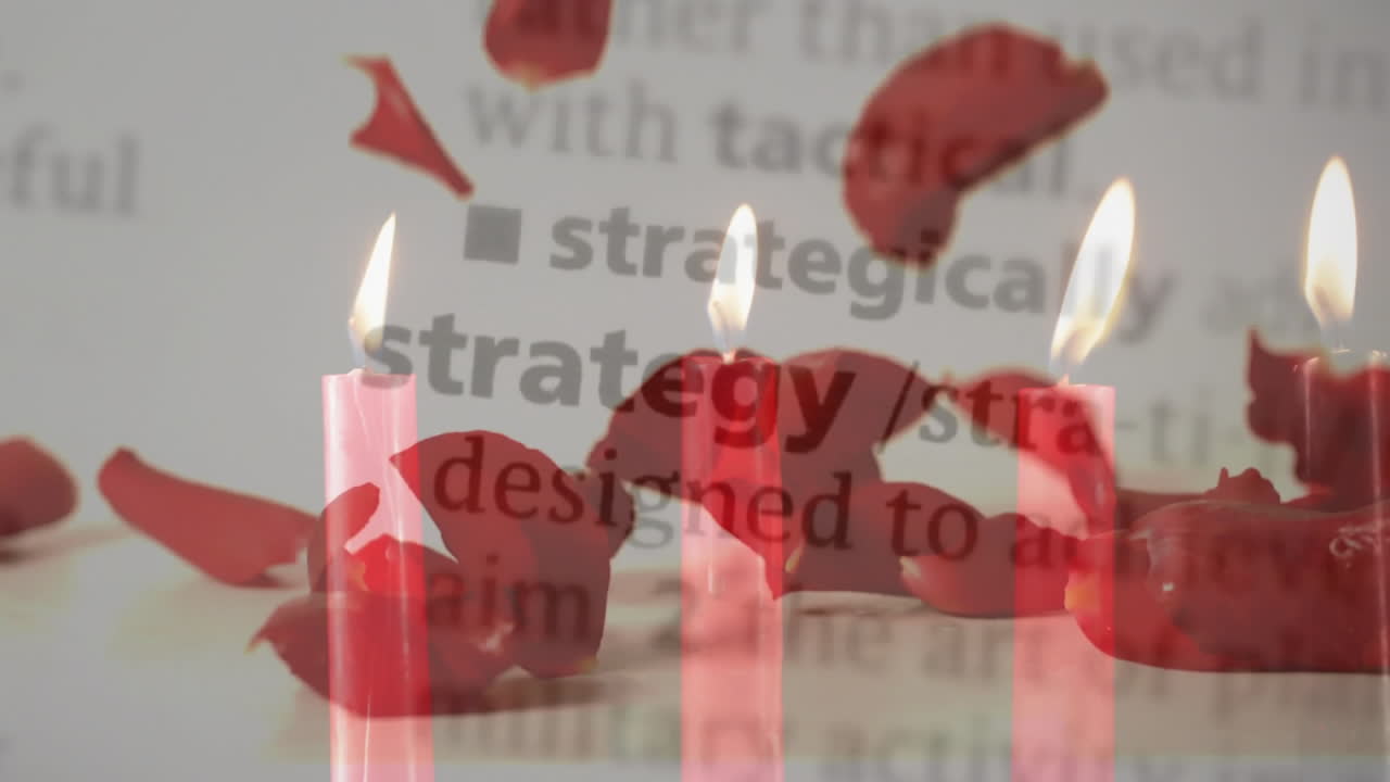 Animation of red candles and petals with text about strategy and design