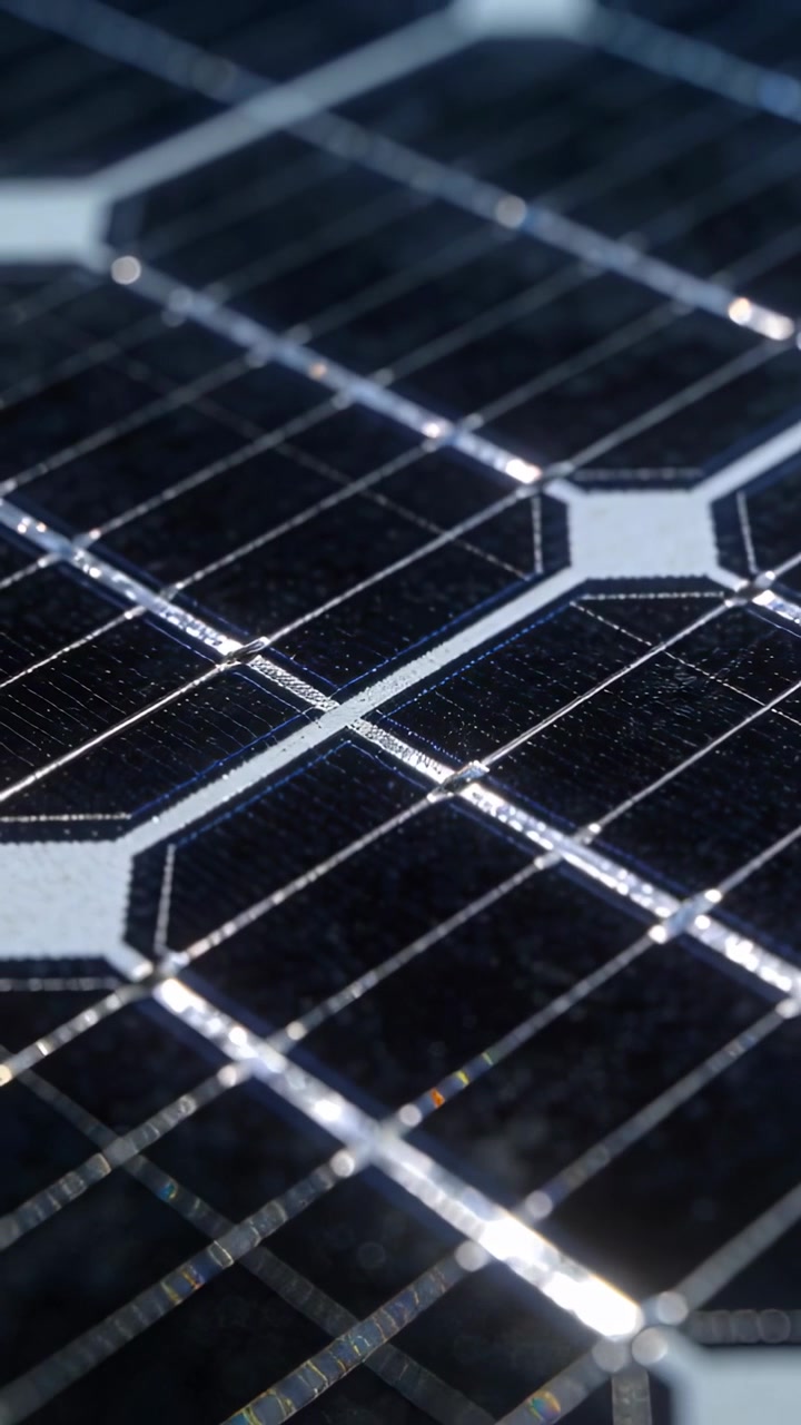 Video verticale: Luce cangiante che rivela un luccichio attraverso le celle fotovoltaiche, in una ripresa macro per esporre nastri e barre collettrici.