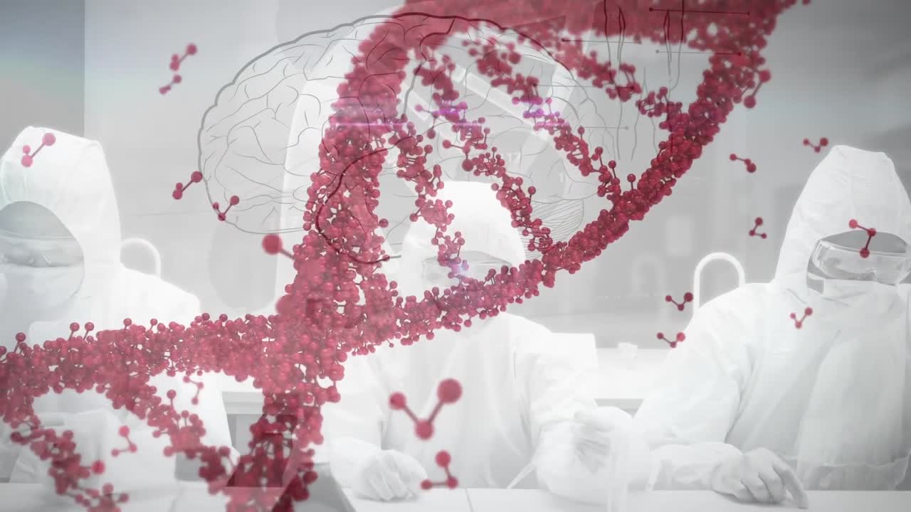 3차원  ⁇ 은 dna 가닥이 회전하고 분자가 과학자 위에 떠다니는 애니메이션