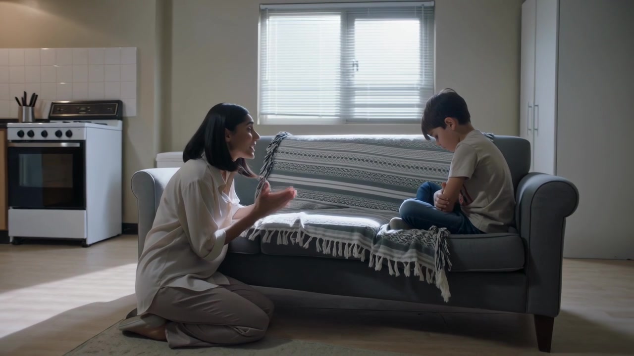 息子がうつむいているのを見て、家でソファのそばにひざまずいた母親が、話しかけたり身振り手振りでなだめようとしている。
