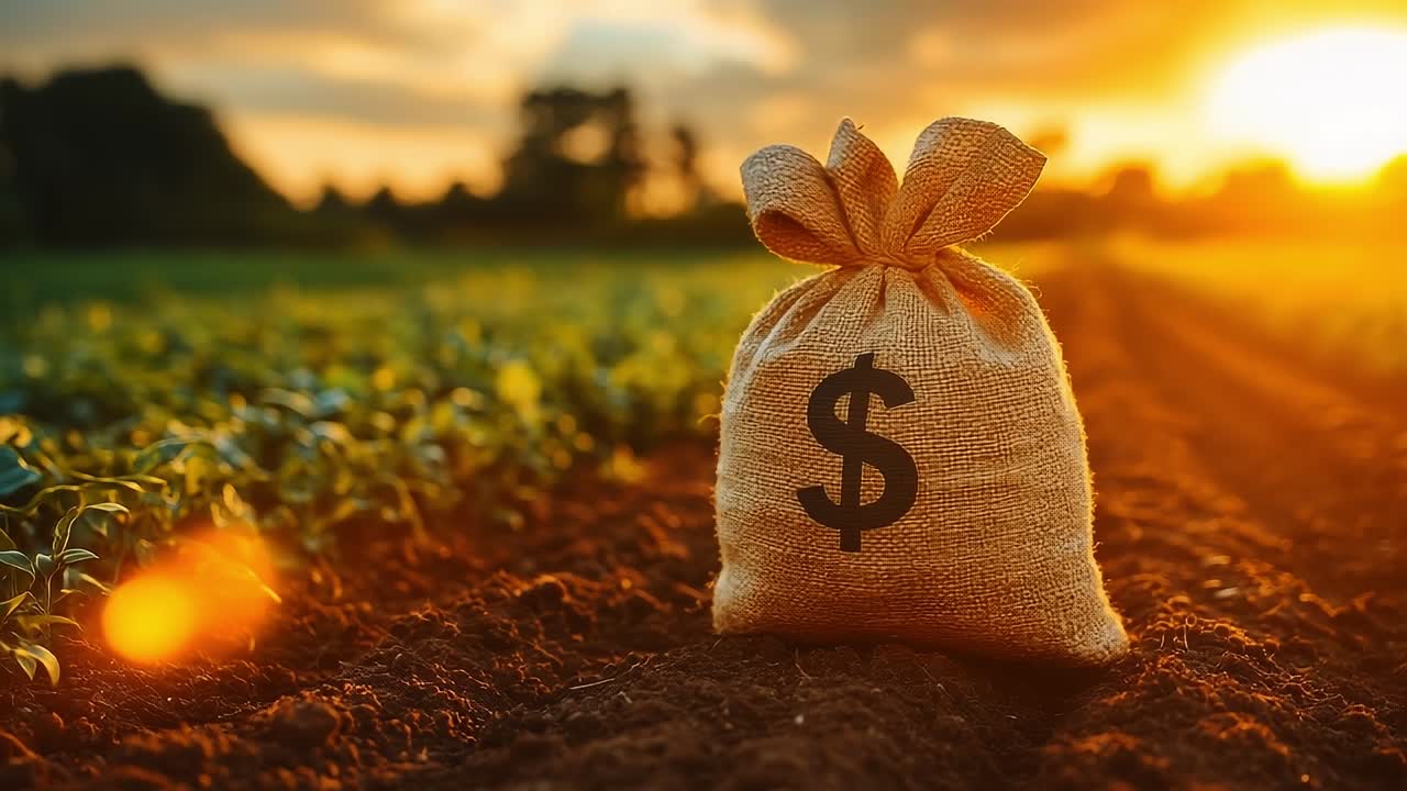 Money bag on farm at sunset. A burlap money bag sits on fertile soil with green crops surrounding it during a vibrant sunset.