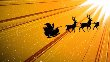 animation of snow falling over santa claus in sleigh with reindeer on colorful background