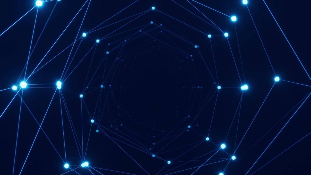 Abstract Blue Glowing Digital Network Tunnel with Interconnected Nodes