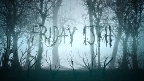 viernes 13 con bosque místico en la noche con niebla azul y nieve