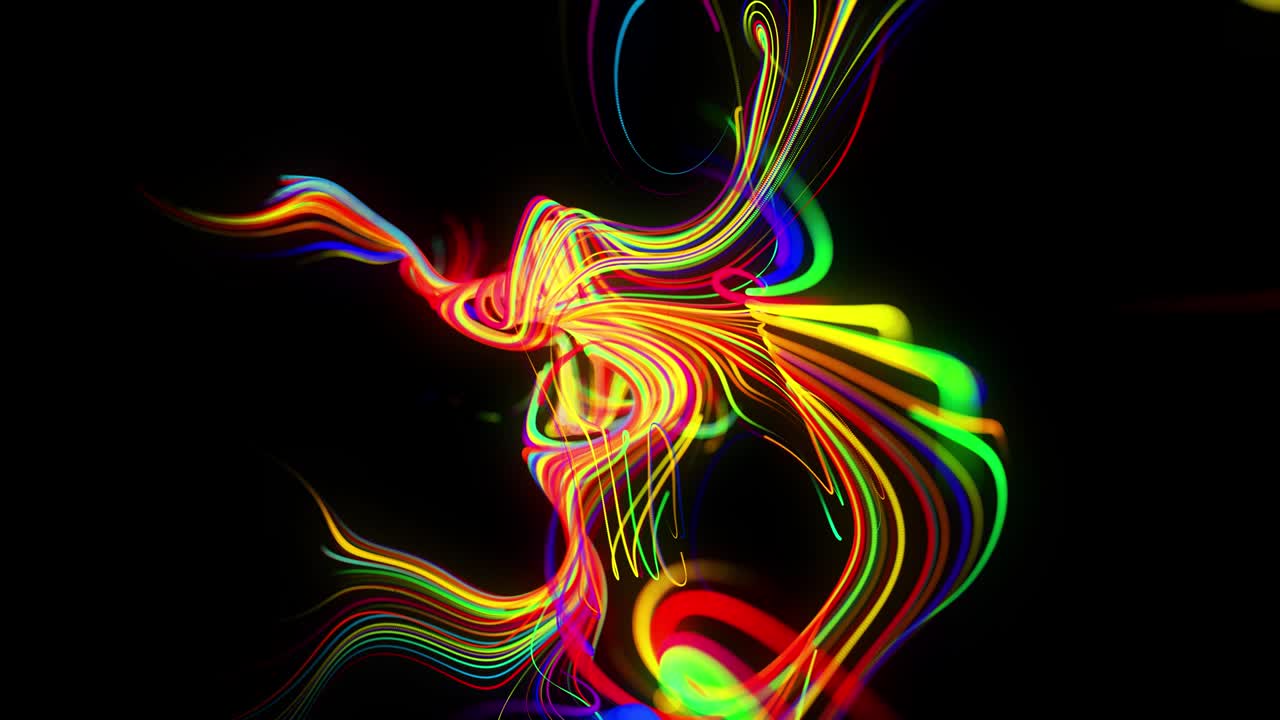 el flujo de fondo abstracto de las líneas de brillo. las partículas de luces en funcionamiento se forman en el espacio 3d brillando hermosas líneas curvas como una bola de cables quemándose con luz de neón. hermoso fondo creativo en bucle en 4k.