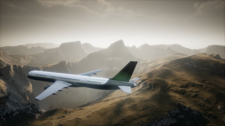 Passenger aircraft over mountain landscape