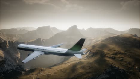 Passenger-aircraft-over-mountain-landscape