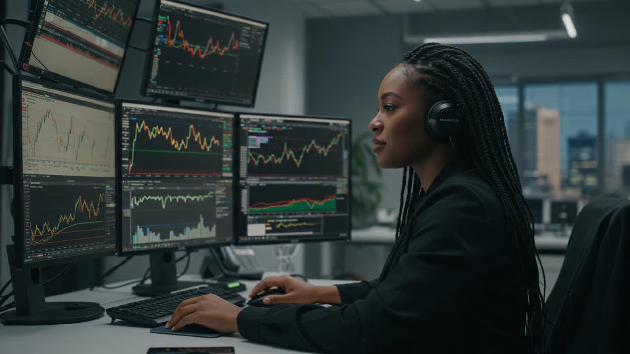 Professional Female Analyst Engaged in Market Analysis at Her Multiple Monitors, Interpreting Data and Trends in a Modern Office Environment